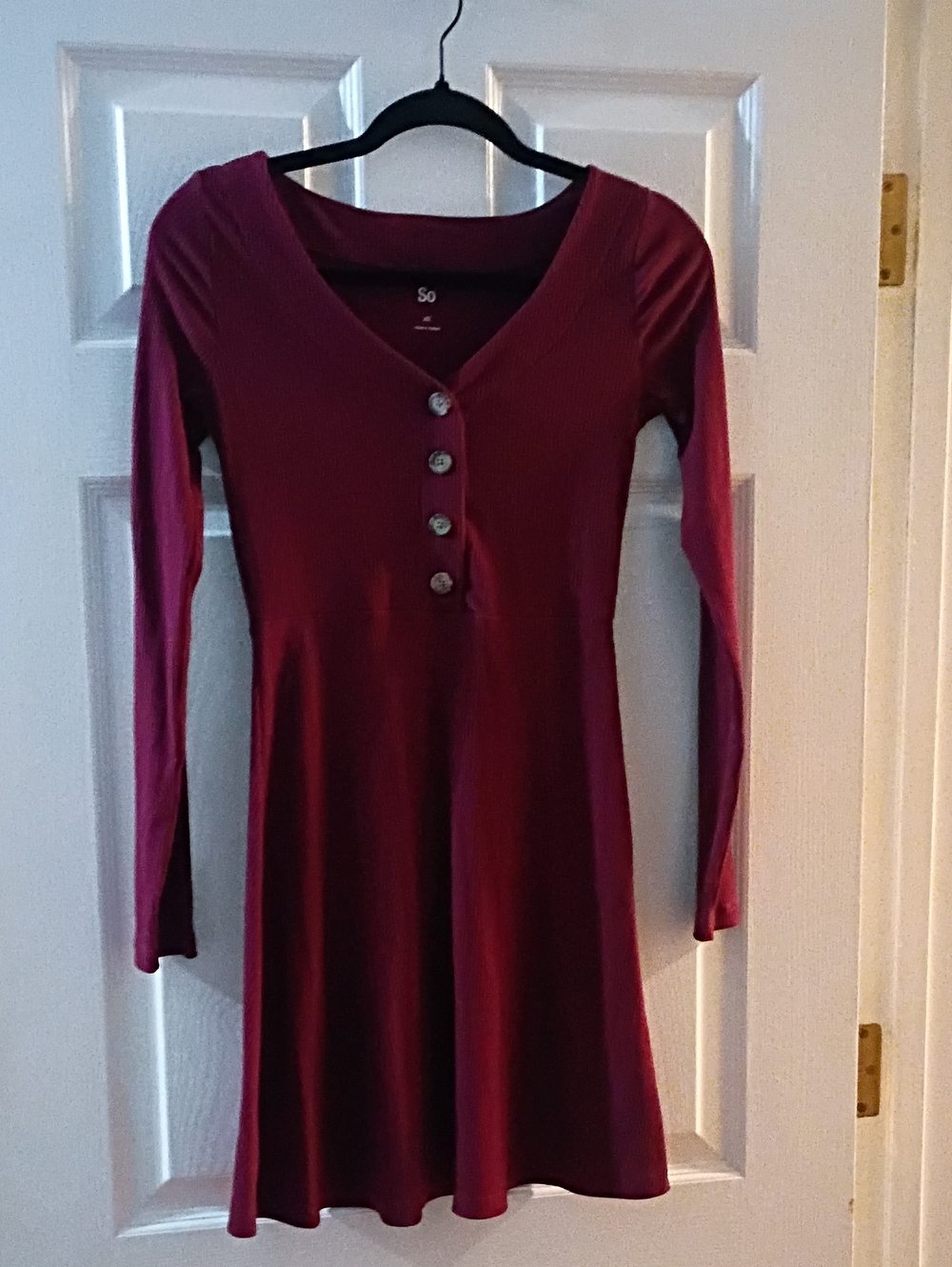 SO Wine Red Long-Sleeve V-Neck A-Line Dress with Front Buttons